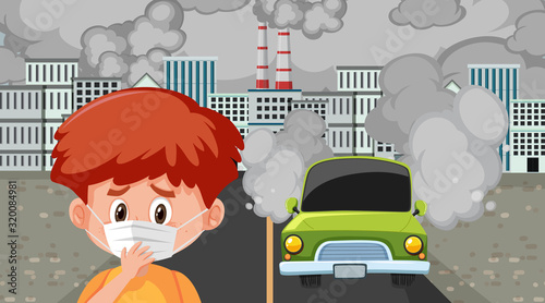 Scene with cars and factory buildings making dirty smoke in the city