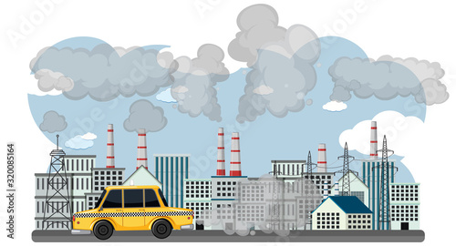 Scene with cars and factory buildings making dirty smoke in the city