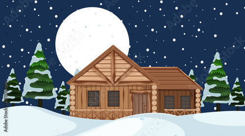 Scene with wooden house in the snow field
