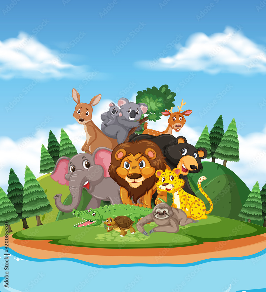 Naklejka premium Scene with many wild animals in the park