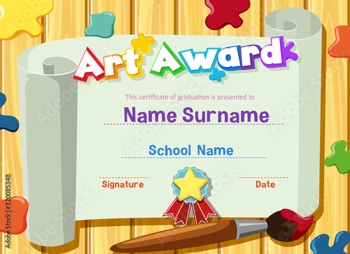 Certificate template for art award with paints and paintbrush in background