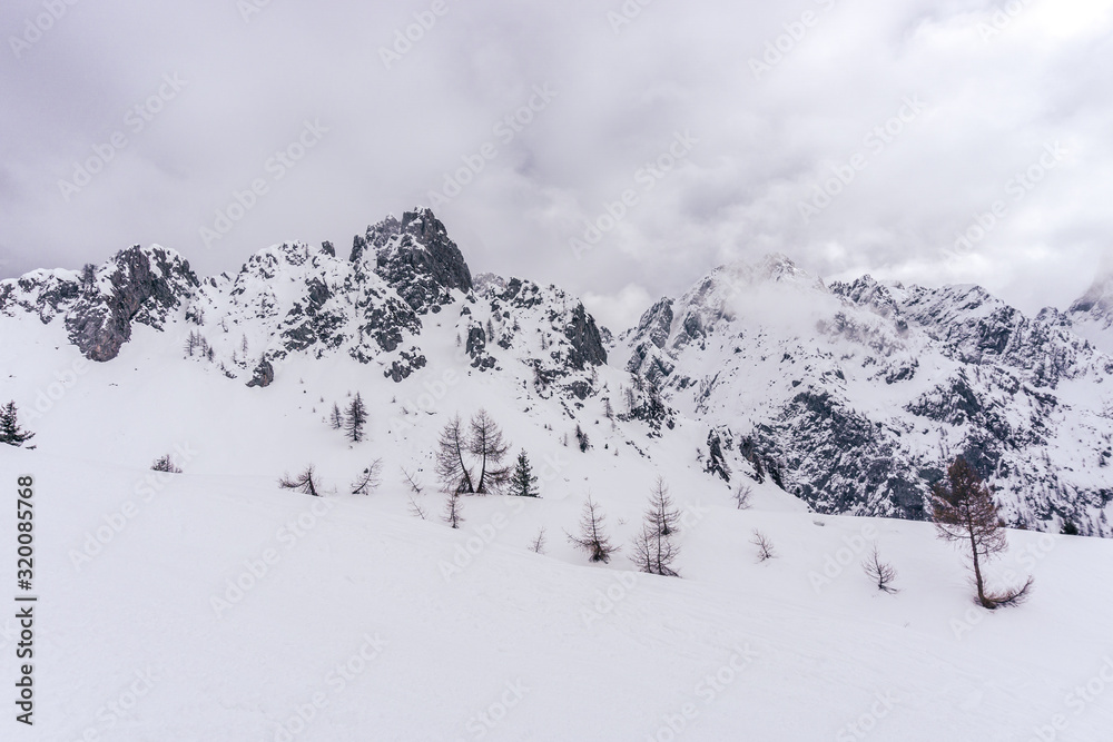 Winter in the mountains and the snowy valleys of the Alps during a fantastic winter day, near the town of Schilpario, Italy - January 2020.