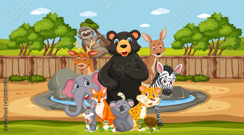 Scene with wild animals in the zoo at day time