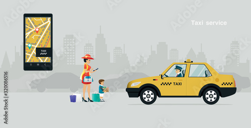 Mother and child calling a taxi through the phone app with a gray background.