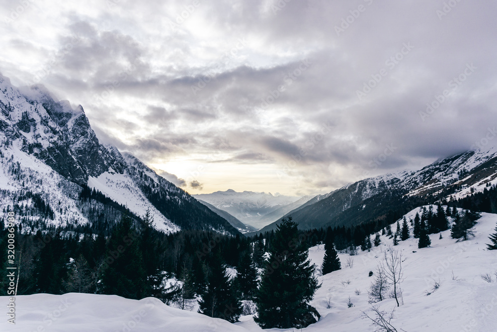 The mountains of the Val di Scalve at sunset, near the town of Schilpario, Italy - January 2020