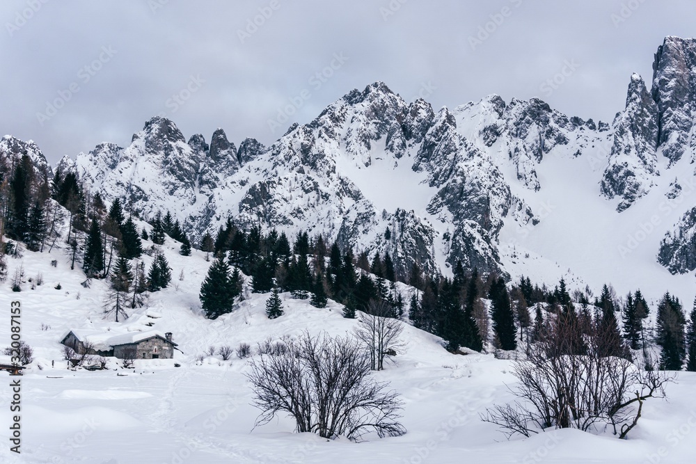 Winter in the mountains and the snowy valleys of the Alps during a fantastic winter day, near the town of Schilpario, Italy - January 2020.
