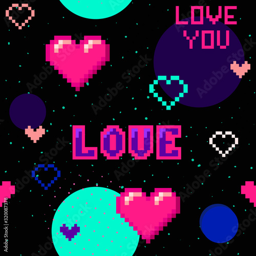 Valentines day seamless pattern in 90's style. Abstract background with small pixelated hearts, text Love You, dots, spots. Stylish geometric texture. Love romantic theme. Design for decor, print, web