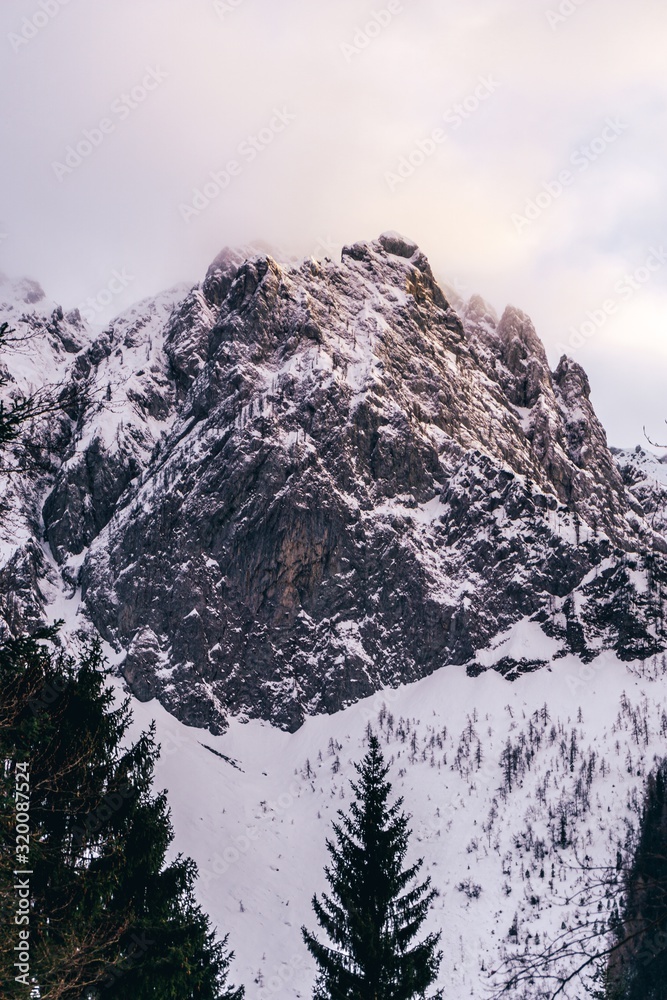 Obraz premium The mountains of the Val di Scalve at sunset, near the town of Schilpario, Italy - January 2020