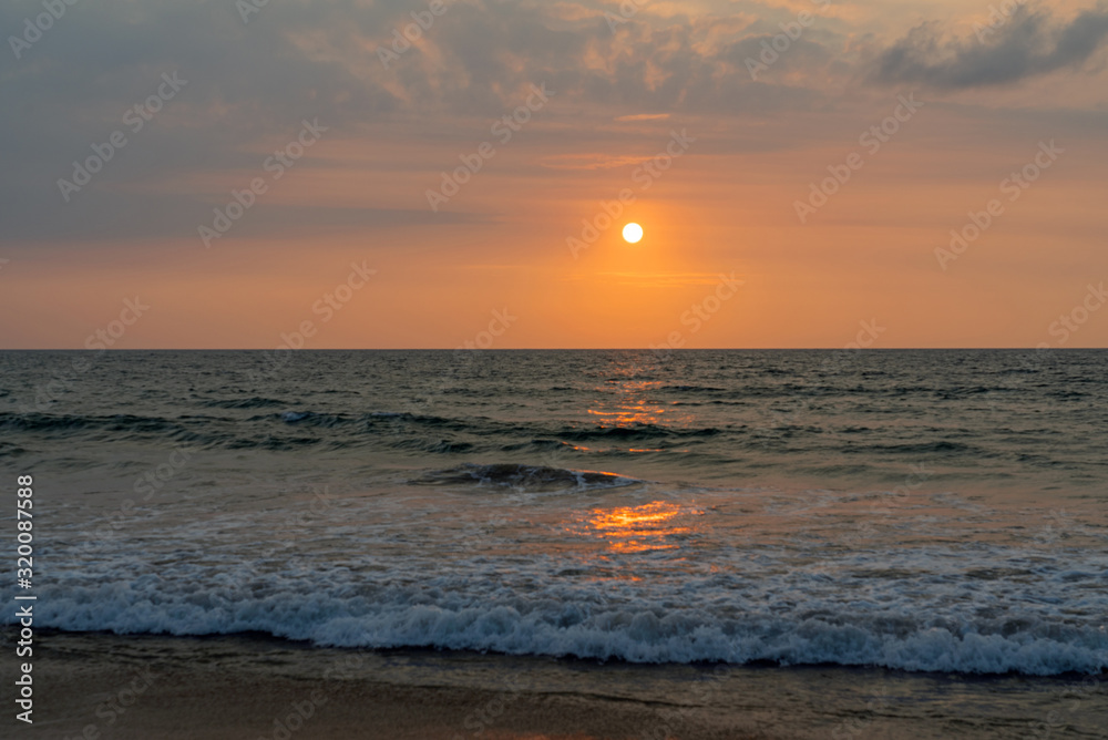 Sri Lanka ocean beach sunset seascape landscape view.