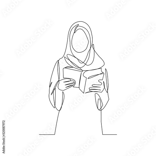 Continuous line drawing of muslim women in hijab read quran. Vector illustration.