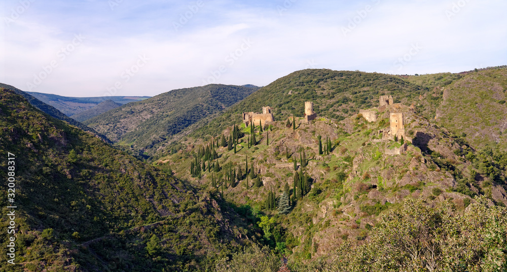 Lastours castle panorama in the Occitanie region