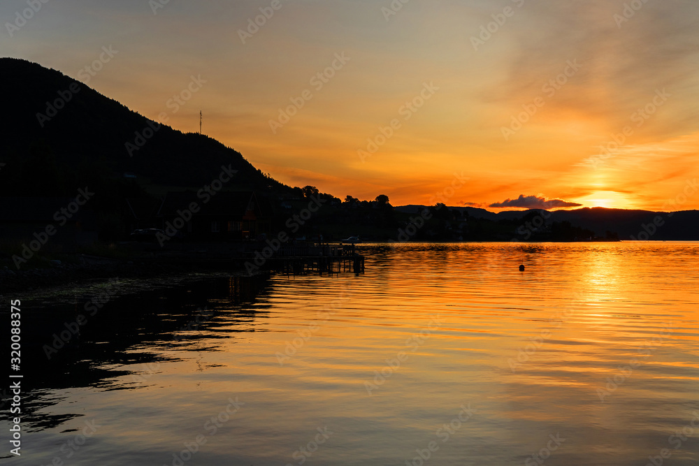 Norwegian fjords sea sunset mountain landscape, Norway, Rosendal