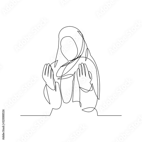Continuous line drawing of muslim women pray and raise hand in hijab. Vector illustration.