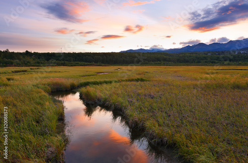 Beautiful sunrise at Potter Marsh Wildlife Viewing Boardwalk  Anchorage  Alaska. Potter Marsh is located at the southern end of the Anchorage Coastal Wildlife Refuge.