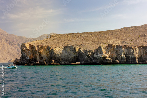 Mountain fjord sea landscape view, Oman, Khasab