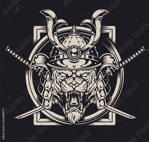 Angry tiger head in samurai helmet