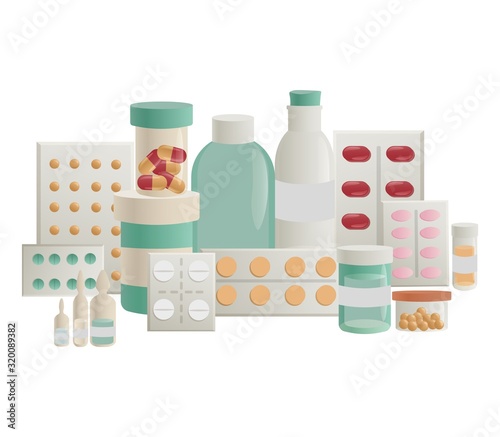 Set of medications, pills, vitamin for treatment. Different capsules, medical drugs. Pain medication, antidepressants, medicine bottles.