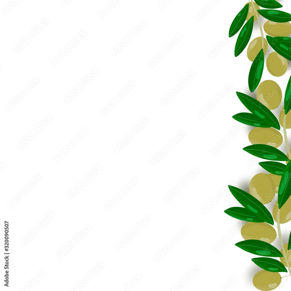 Olives on a branch, olive oil, color picture, branch with leaves, green leaves, branch and olives, hand-drawn illustration, multi-colored drawing Olives on a branch, olive oil, color picture, branch with leaves, green leaves, branch and olives, hand-drawn illustration, multi-colored drawing