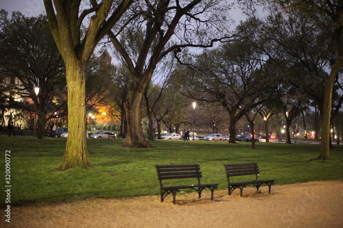 Two empty wood benches in park at twilight 