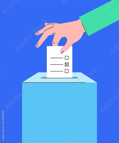 Voting concept. Flat line vector illustration of male hand putting ballot paper with candidates list and mark into ballot box. Voter makes choice on election day. National referendum, local elections
