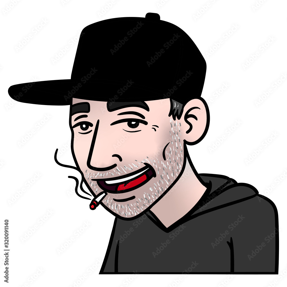 Smoking man with three beards and black cap and gray hoodie. avatar, vector illustration, comic.