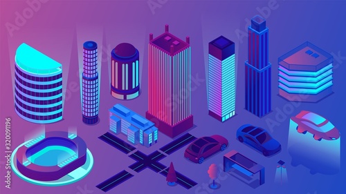 Night neon business center of modern city vector isometric illustration. Downtown place of future with light skyscrapers and flying car. Futuristic street of town cityscape