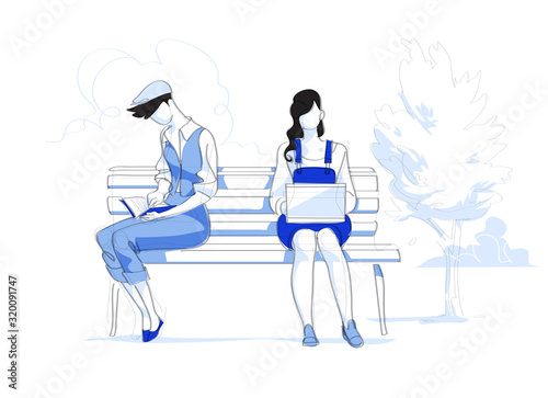 Giovani donna e uomo con portatile e libro sulla panchina al parco - Illustrazione vettoriale