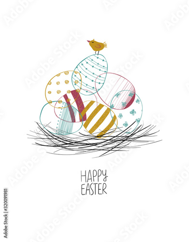 Happy Easter greeting card with eggs and a chick.