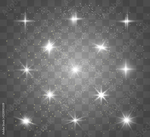 A set of bright beautiful stars. Light effect. Bright Star. Beautiful light for illustration. Christmas star.White sparkles shine special light effect. Vector sparkles on a transparent background.