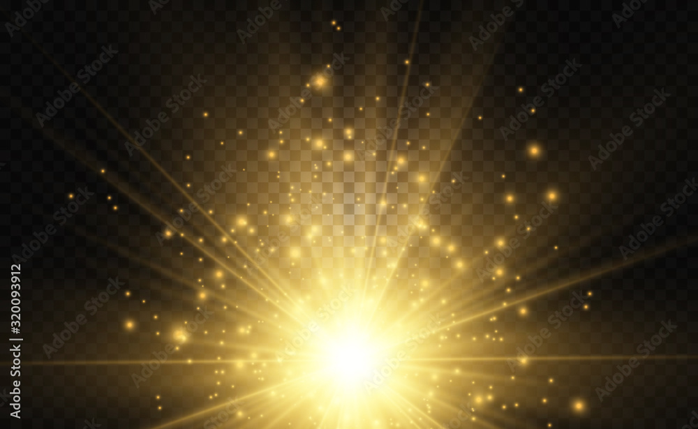 Fototapeta premium Golden bright star. Light effect bright star. Beautiful light to illustrate. Christmas star White sparks sparkle with a special light. Vector sparkles on transparent background.