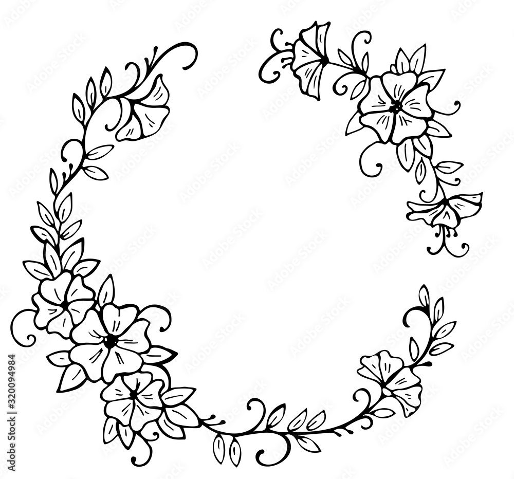 Hand drawn floral wreath isolated on white background. Vector illustration. Perfect for wedding, invitation, save the date, greeting card.