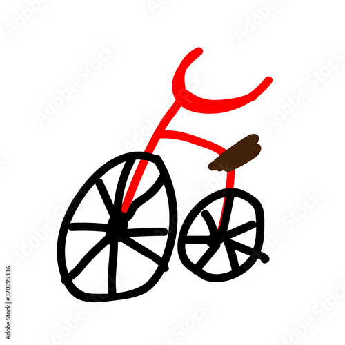 Bicycle in a deliberately childish style. Child drawing. Sketch imitation painting felt-tip pen or marker. Vector illustration.