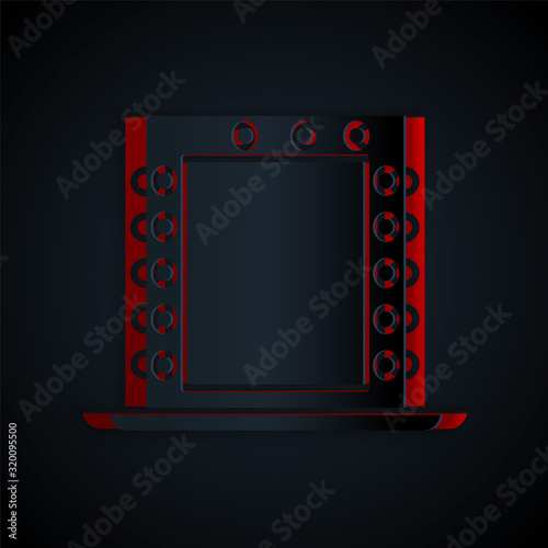 Paper cut Makeup mirror with lights icon isolated on black background. Paper art style. Vector Illustration
