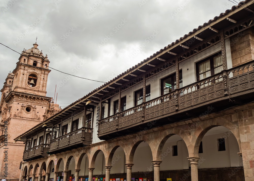 Cusco/Peru: balconies and archs of city downtown. Beside 'Plaza de Armas'