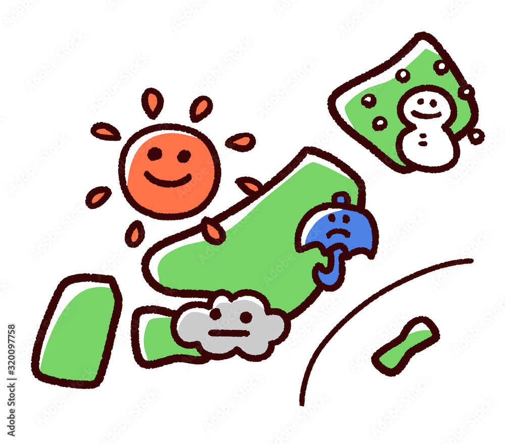 Obraz premium 手書き風の日本列島と天気予報