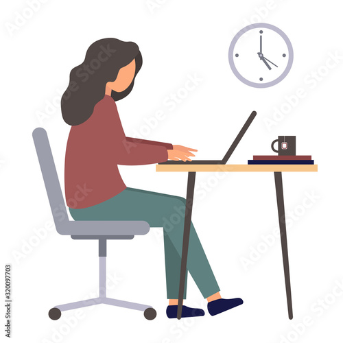 A person works at a computer. Programmer in the workplace. A character in the flat style