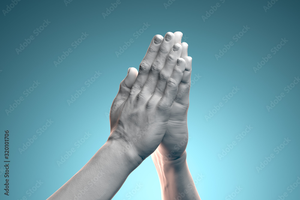 Realistic White Human Hands Folded In Prayer on Blue Background. 3d