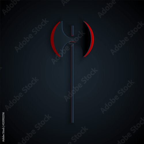 Paper cut Medieval axe icon isolated on black background. Battle axe, executioner axe. Medieval weapon. Paper art style. Vector Illustration