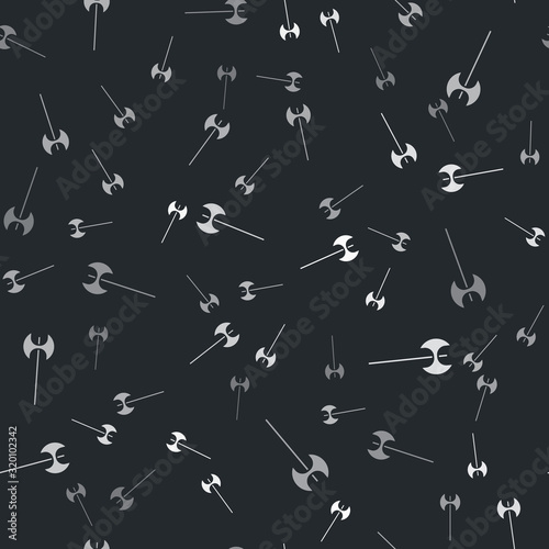Grey Medieval axe icon isolated seamless pattern on black background. Battle axe, executioner axe. Medieval weapon. Vector Illustration
