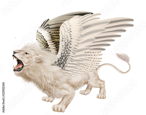 lion, blanc, mâle, volant, fantastique, menacent, dents, bouche ouvert, sauvage, ailes, animal, fauve, félin, 