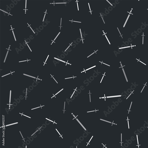 Grey Medieval sword icon isolated seamless pattern on black background. Medieval weapon. Vector Illustration