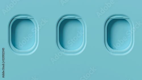 Airplane windows concept, pastel 3d illustration. Blue background, plane illuminators front view, travel minimalist interior. Cabin inside concept, tourism background. Porthole flight window.