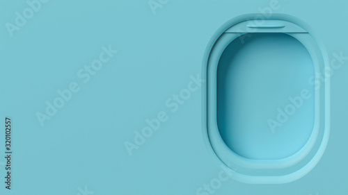 Airplane window mockup, travel vacation 3d illustration. Minimalist plastic pastel scene with space for text, plane window design. Inside airplane interior element, copy space background, sky aircraft
