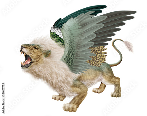 lion  m  le   vert   femelle  volant  fantastique  menacent  dents  bouche ouvert  sauvage  ailes  animal  fauve  f  lin  
