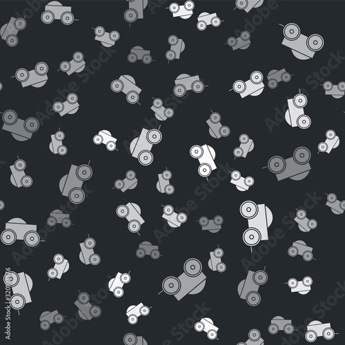 Grey Wooden four-wheel cart with hay icon isolated seamless pattern on black background. Vector Illustration