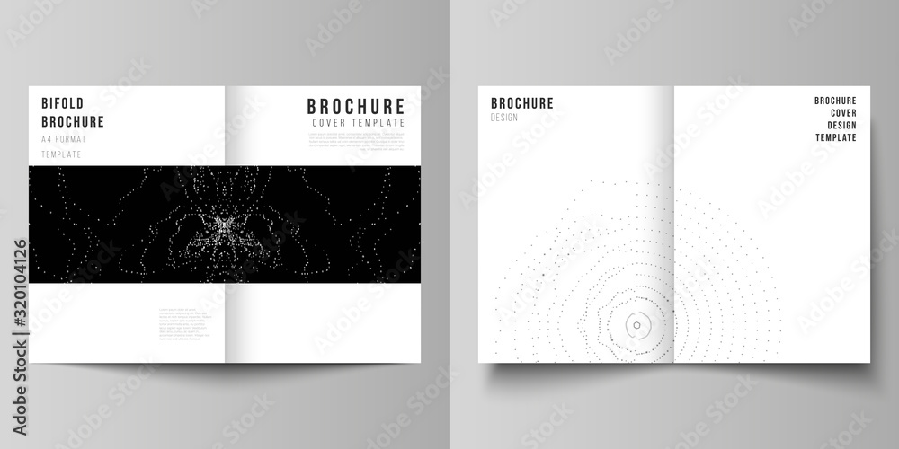 Vector layout of two A4 format modern cover mockups design templates for bifold brochure, flyer, booklet, report. Trendy modern science or technology background with dynamic particles. Cyberspace grid