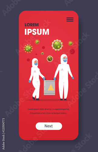 medical scientists in hazmat suits carrying biohazard barrel stop coronavirus epidemic MERS-CoV concept wuhan 2019-nCoV pandemic health risk full length smartphone screen mobile app vertical vector