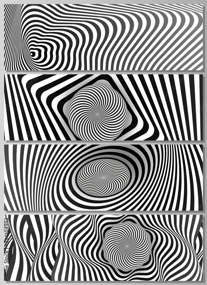 The minimalistic vector illustration of the editable layout of headers, banner design templates. Abstract 3D geometrical background with optical illusion black and white design pattern.