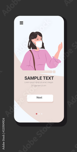 woman wearing mask to prevent epidemic MERS-CoV wuhan coronavirus 2019-nCoV pandemic medical health risk mobile app smartphone screen copy space portrait vertical vector illustration
