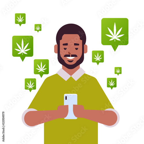 african american man ordering hemp cannabis marijuana using smartphone mobile app online buying drugs concept chat bubble social network communication portrait vector illustration